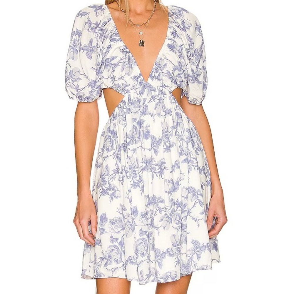 Bardot Eden Mini‎ Dress XL Lilac Blue Floral Side Cutouts Coquette BabyDoll Boho - Picture 12 of 16